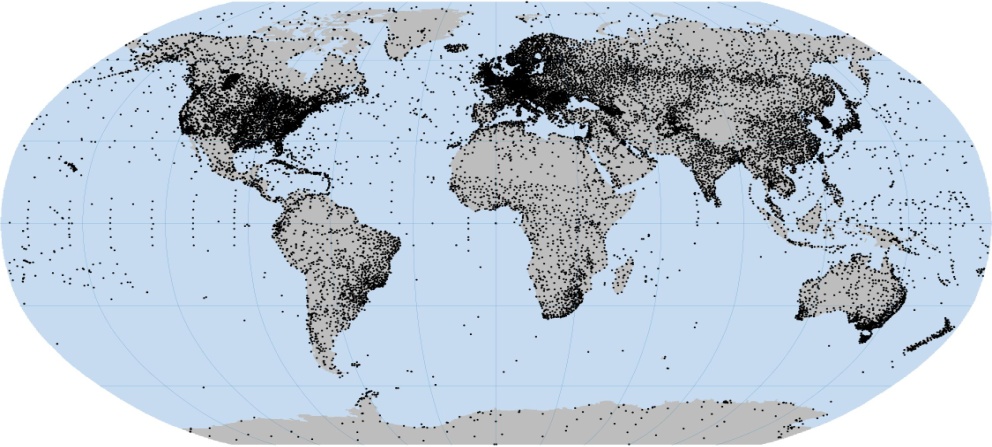 Vector set of data with the locations of all stations in the international Global Surface Summary of the Day (GSOD) meteorological network, in a Robinson projection.