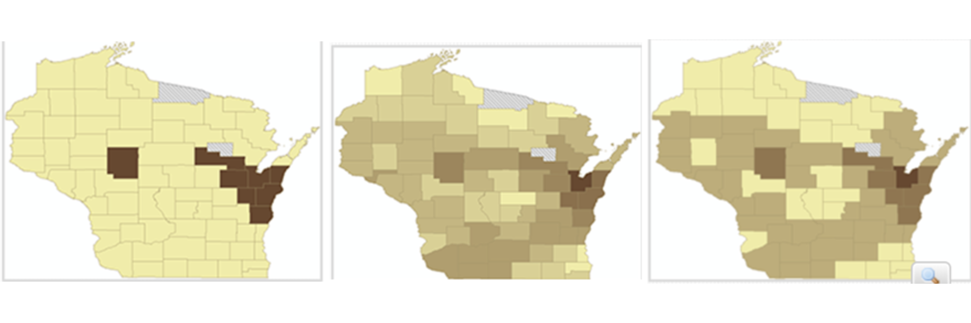  (left) This map only has two classes, making it dull and probably obscuring complex spatial patterns. (middle) This map has too many classes, making it difficult to discern different colors – the user must look at the legend several times to remember which color represents which class of data.(right) This map has four classes and represents data patterns and complexity very well.(Source: http://www.spatialquerylab.com/FOSS4GAcademy, autor primera Richard Smith, http://creativecommons.org/licenses/by/3.0).