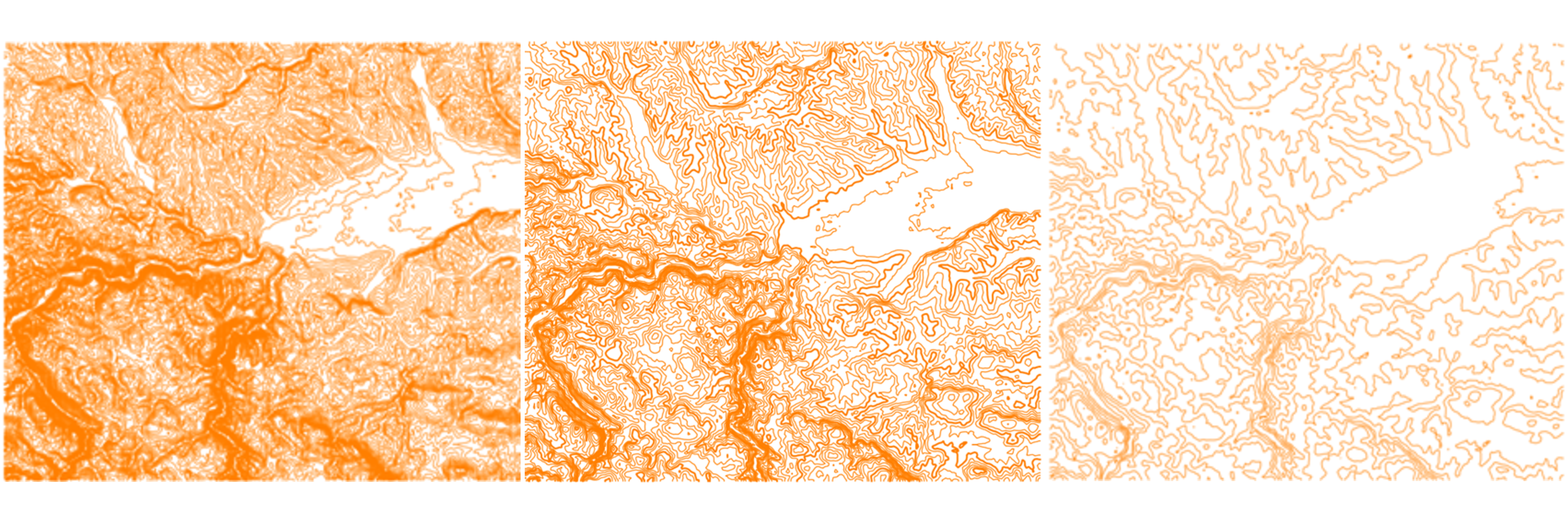 Isohypses generated in QGIS using the DEM (vicinity of the city of Valjevo, Serbia). (left)  Equidistance 10 m. (sredina) Equidistance 50 m. (desno) Equidistance 100 m.