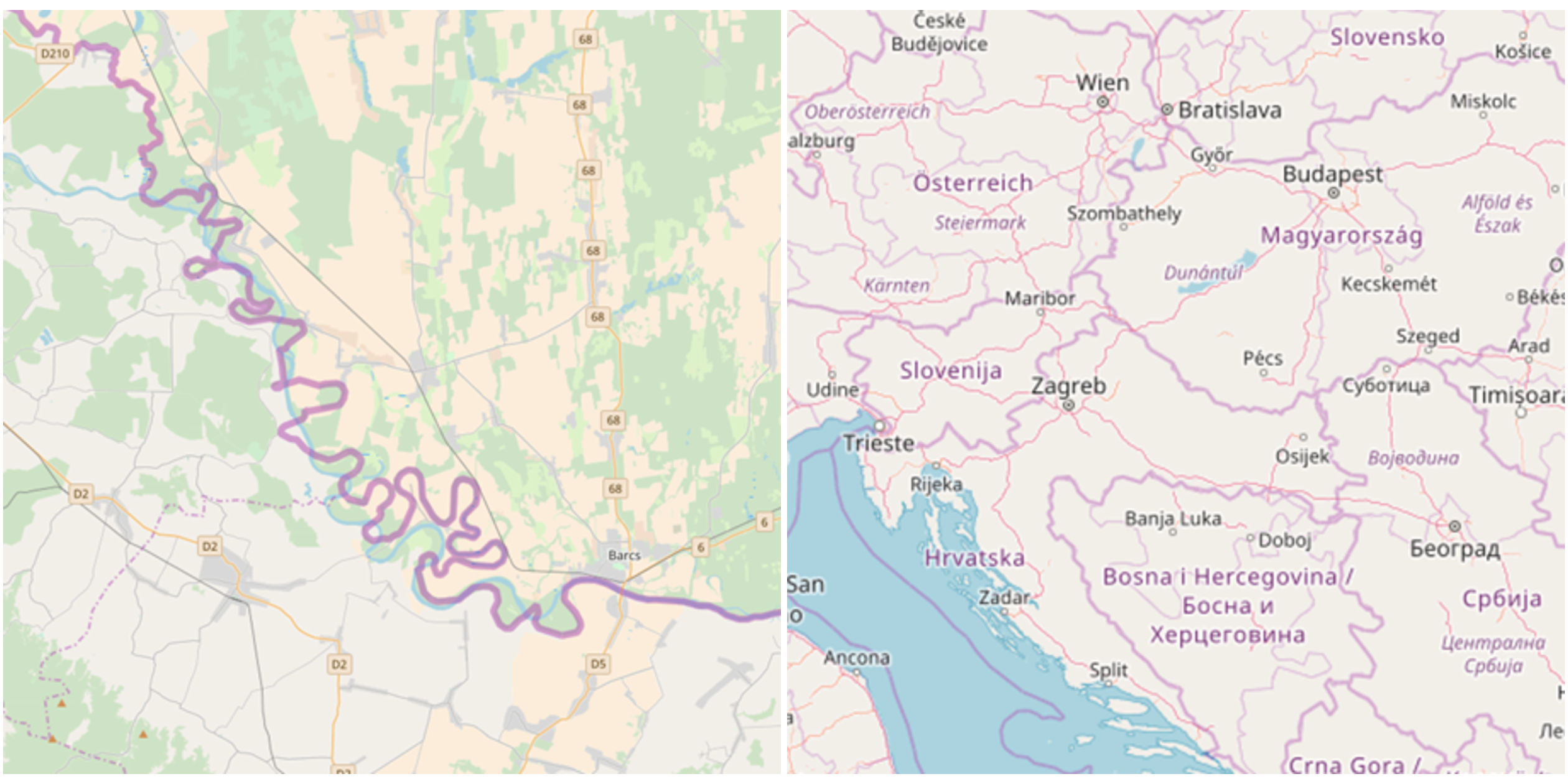 Example of simplification – complex border between Croatia and Hungary (Source: OpenStreetMap).