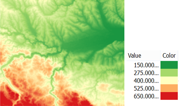 Visualization of a DEM using a hypsometric scale.