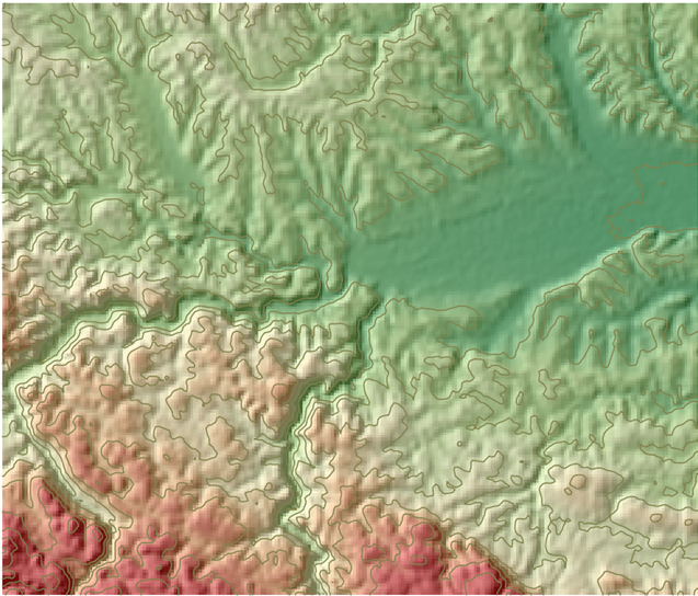 Combination of isohypses, shading, and hypsometric scale to display terrain.
