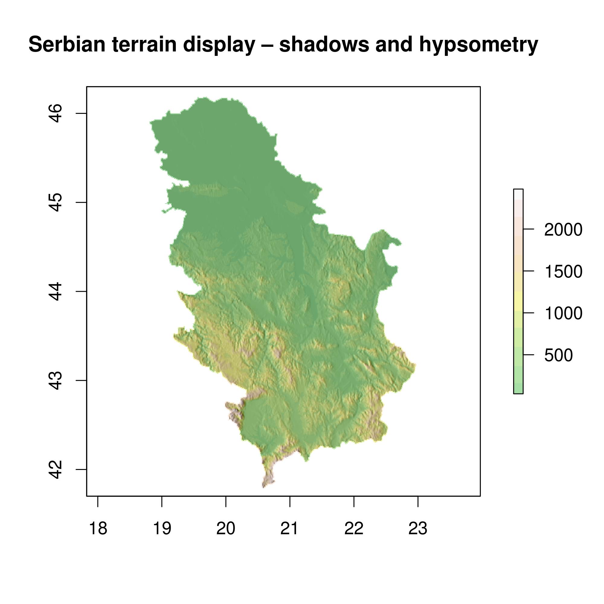 Serbian terrain display – shadows and hypsometry.