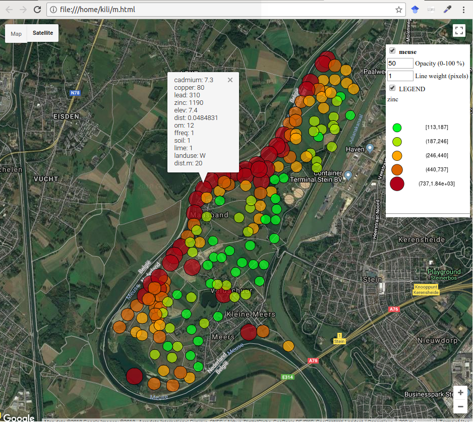 Interactive map with meuse data, bubbleGoogleMaps