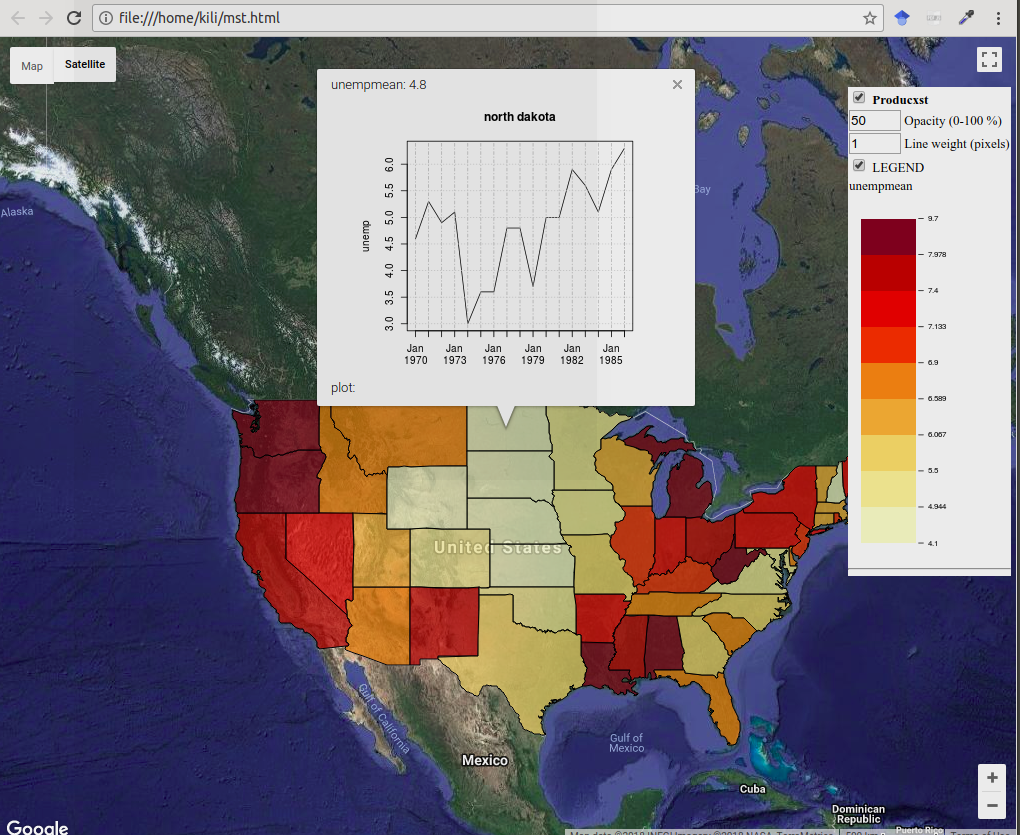 Spatio-temporal display of USA unemployment, stfdfGoogleMaps