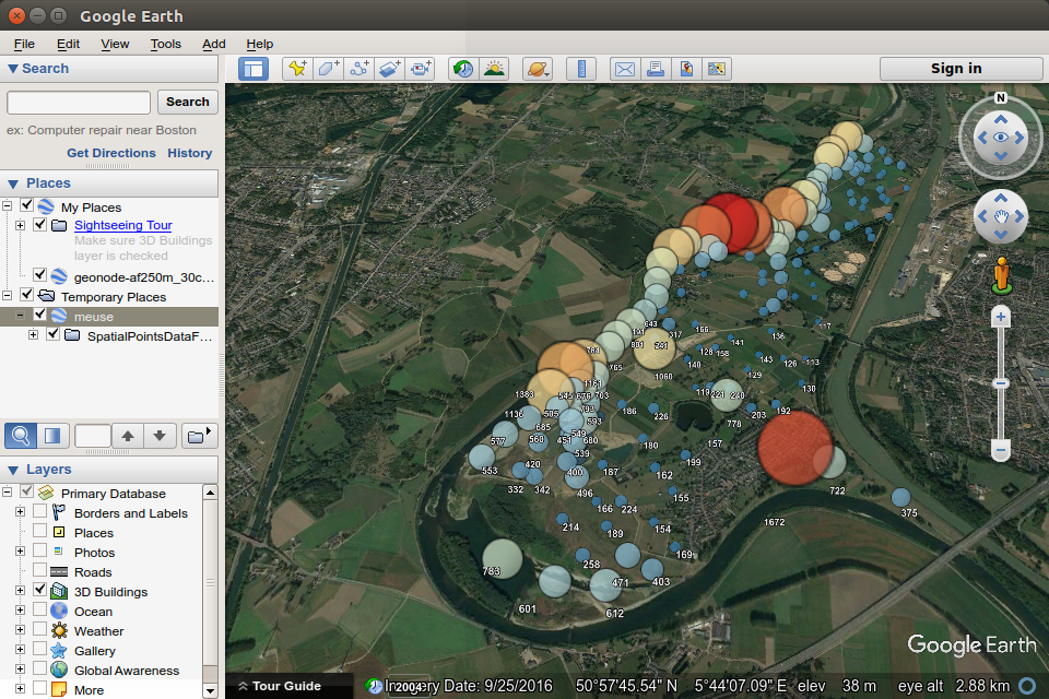 Proportional symbols for meuse data on a virtual globe.