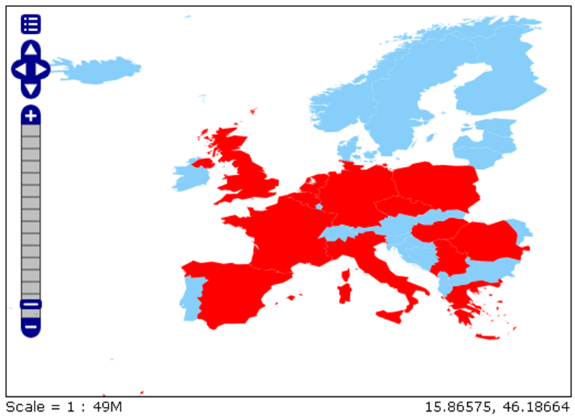  European countries formatted according to population – no legend.