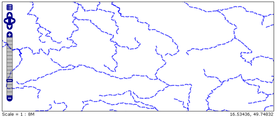 Application of LineSymbolizer elements to European rivers (larger zoom).