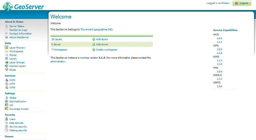 GeoServer after access in administrator mode.