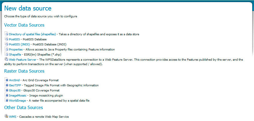 Page for choosing data format for storage in GeoServer.