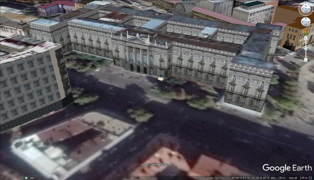 Prikaz zgrade Građevinskog fakulteta u Beogradu u 3D okruženju na virtuelnom globusu Google Earth.