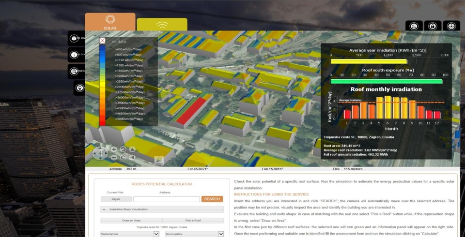 Vizualizacija semantičkog CityGML modela u nivou detaljnosti LOD2, primer aplikacije i-Scope,  \citep{iscope}, prikaz solarnog potencijala krovova na virtuelnom globusu \citep{nww}