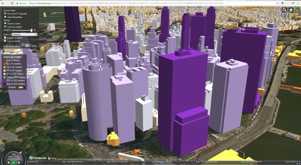 Prikaz 3D modela Njujorka, zgrade zavisno od visine imaju različite boje. Interaktivan prikaz pogledati na adresi \citep{NY}.