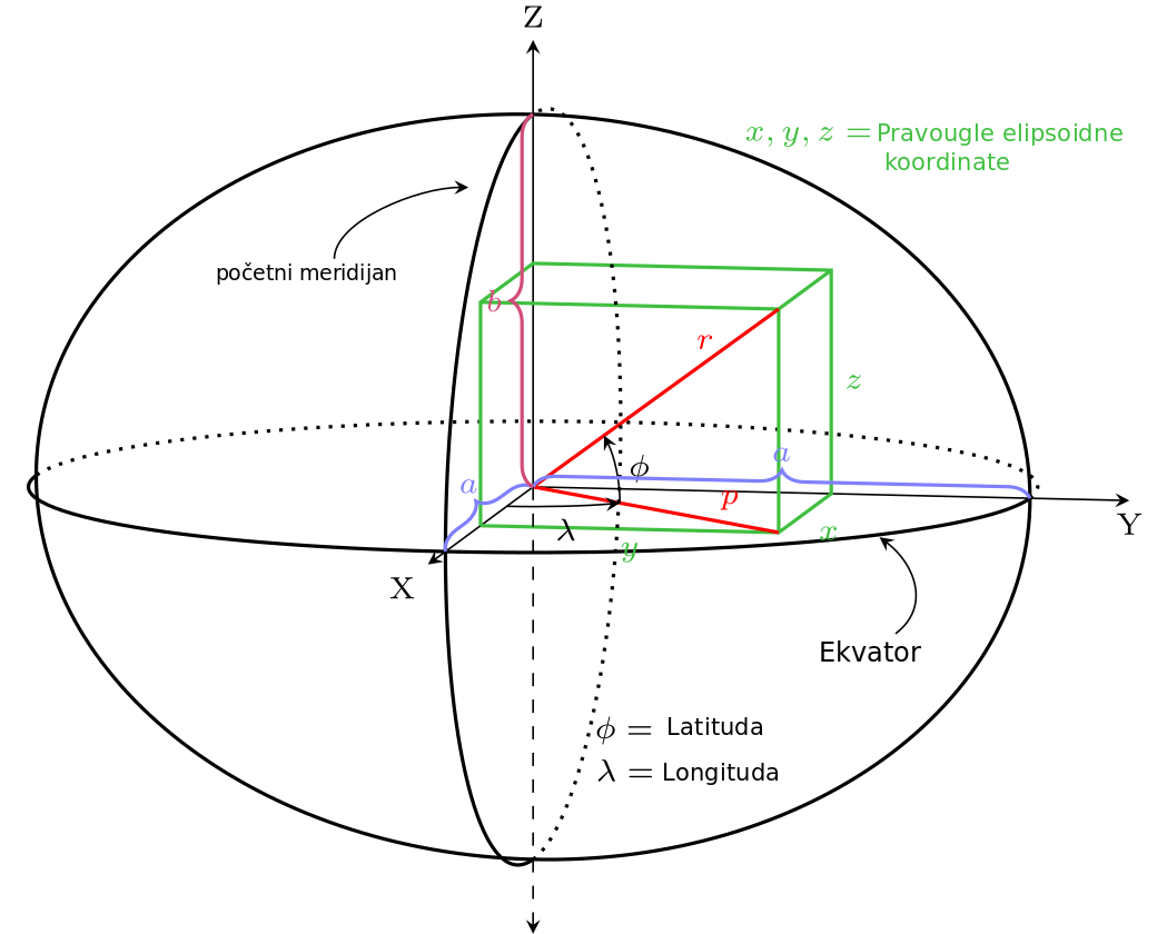 Krivolinijske koordinate za tačku geodetska dužina i geodetska širina. Koordinate su zadate na elipsoidu sa parametrima a velika poluosa i b mala poluosa. Pravougle elipsoidne koordinate su označene zelenom bojom. (Adaptirano od Krishnavedala (Own work) *CC BY-SA 3.0*)
