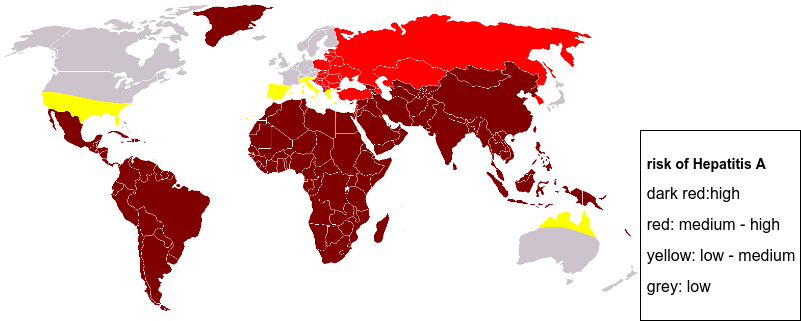 Površinske pojave. Primer površinskih ordinalnih podataka - rizik od hepatitisa A po zemljama (Izvor: Wikimedia Commons). 