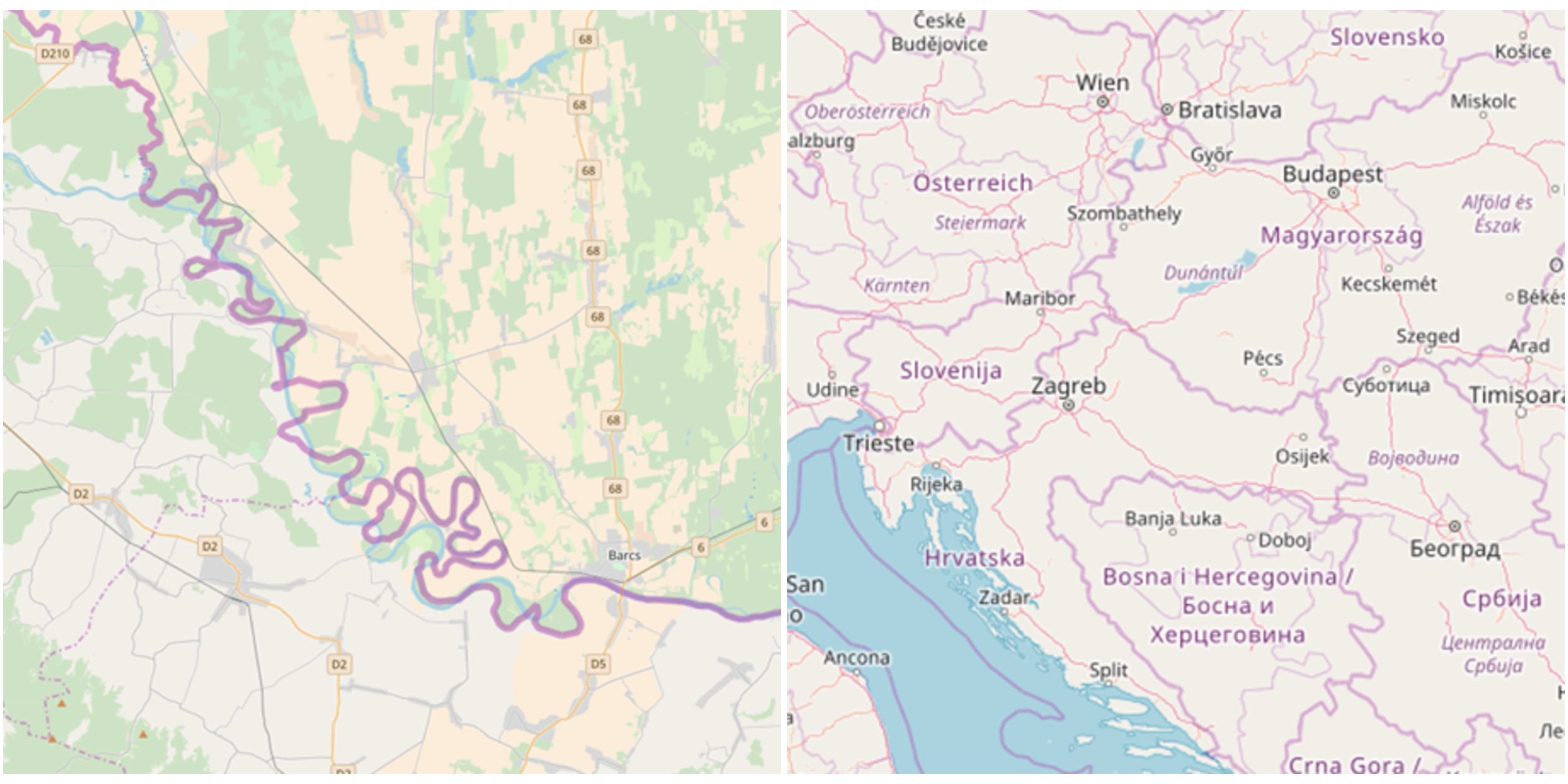 Primer pojednostavljivanja - složena granica između Hrvatske i Mađarske (Izvor: OpenStreetMap).