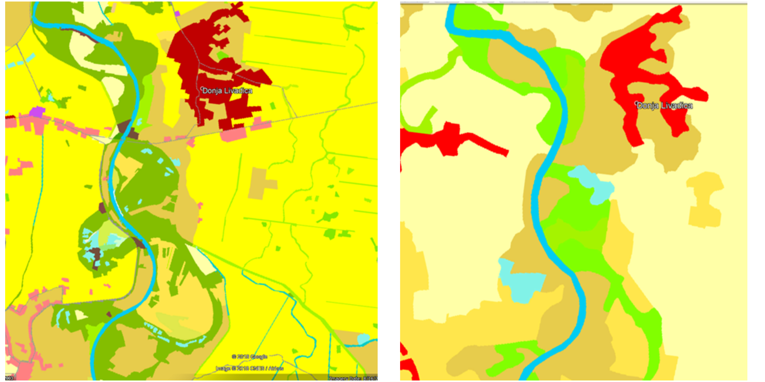 Primer grupisanja klasa zemljišnog pokrivača: CLC klase na 4. nivou (levo) i CLC klase na 3. nivou (desno)  (Izvor: Copernicus land monitoring service - https://land.copernicus.eu).