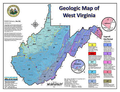 Primer korišćenja slovnih znakova; Geološka karta Zapadne Virdžinije (Izvor: West Virginia Geological and Economic Survey, http://www.wvgs.wvnet.edu/www/maps/geomap.htm).