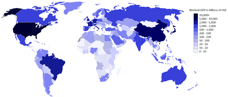 KOLIKO…. Iznosi nominalni BDP po zemljama? Karta nominalnog BDP po zemljama u USD. (Izvor: Wikimedia https://commons.wikimedia.org/wiki/).