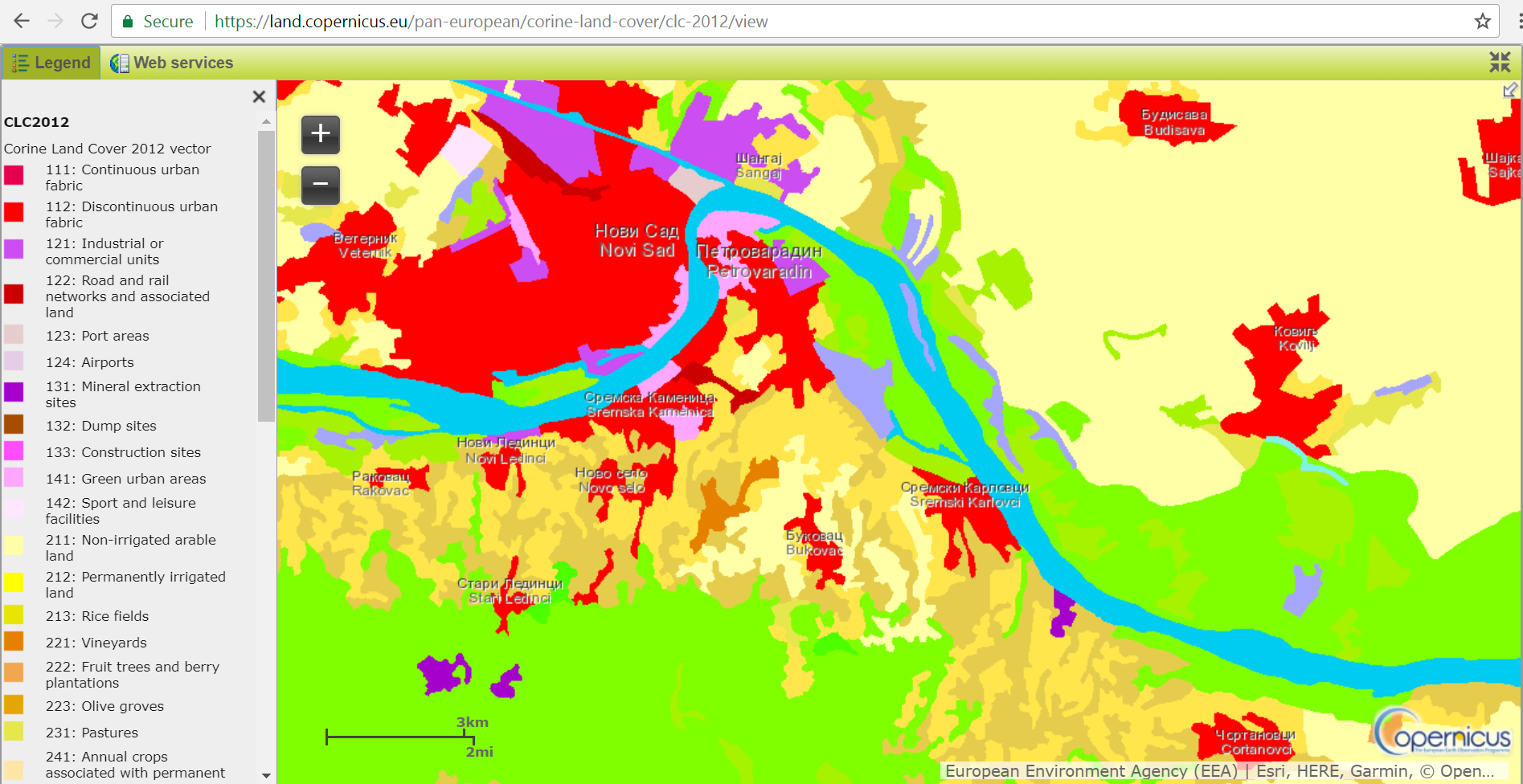  Površinske pojave. Primer površinskih nominalnih podataka - klase zemljišnog pokrivača (Izvor: Copernicus Land Monitoring service). 