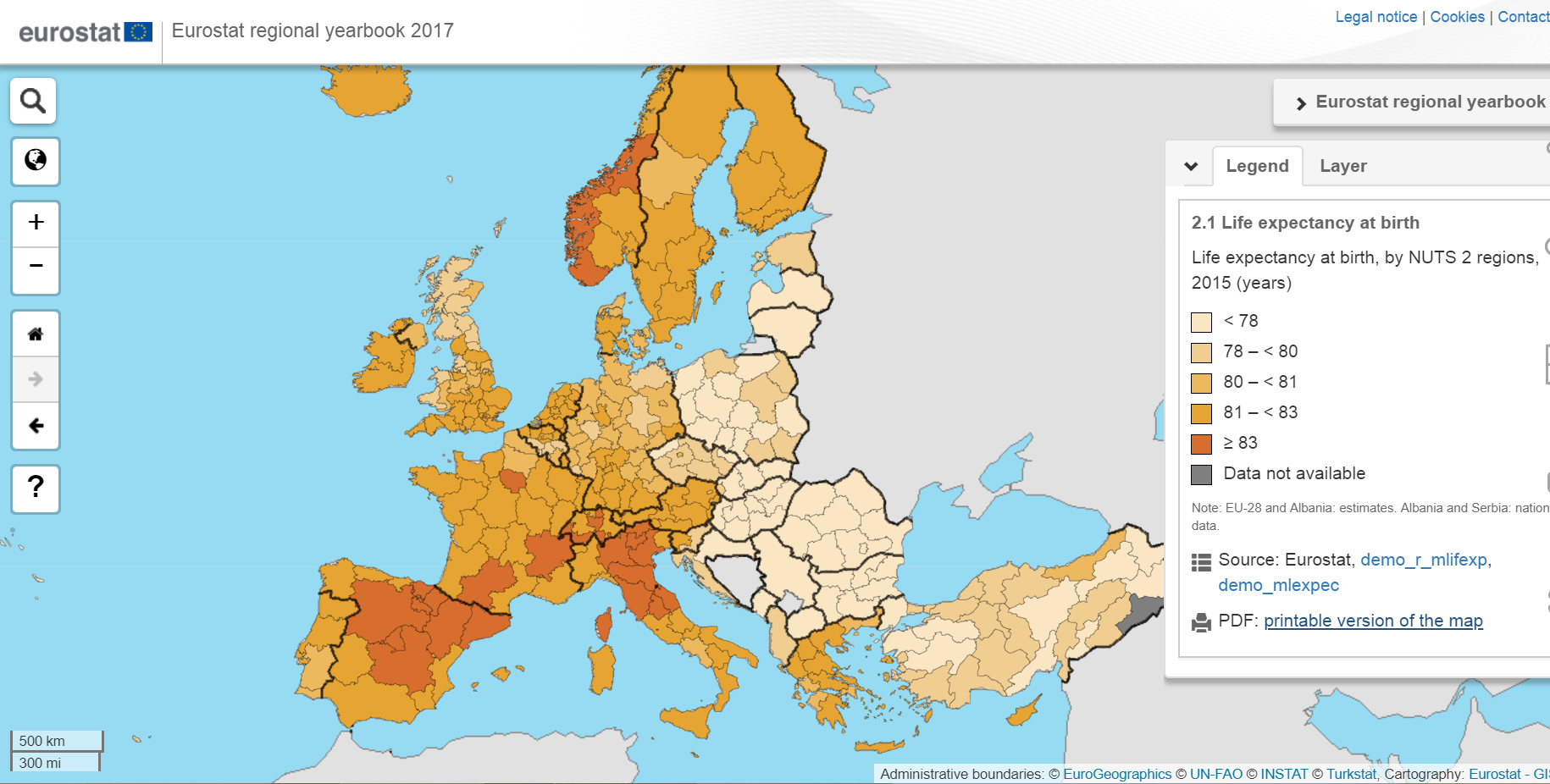 Površinske pojave. Horoplet karte - kvantitativne informacije se prikazuju za određene površinske jedinice (npr. administrativne jedinice). U ovom primeru prikazani su podaci o očekivanom životnom veku u Evropi po NUTS 2 administrativnim jedinicama. (Izvor: Eurostat). 