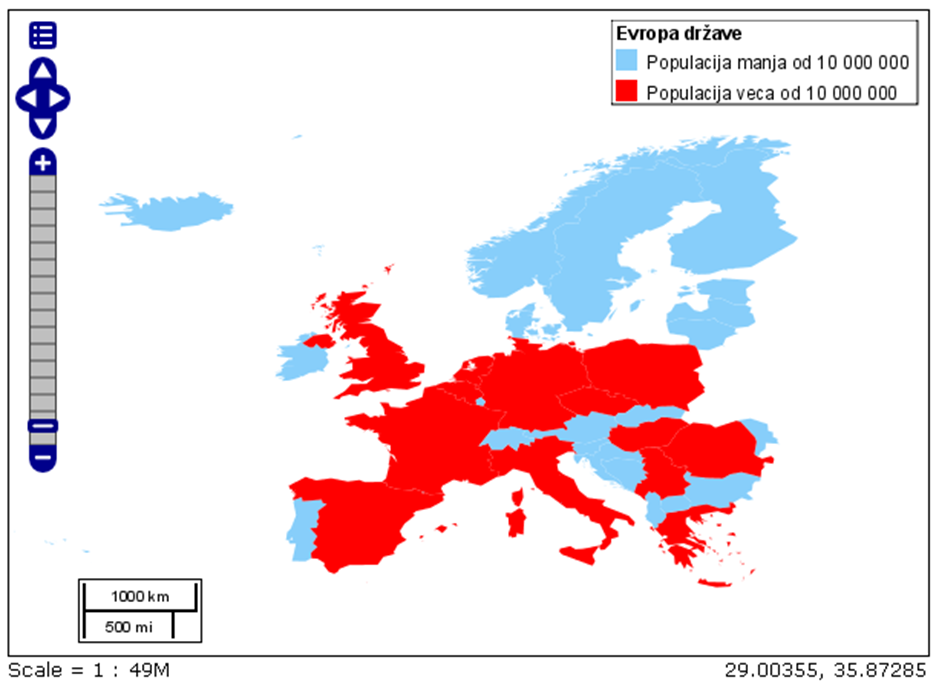 Države Evrope stilizovane prema populaciji – sa legendom i razmernikom.