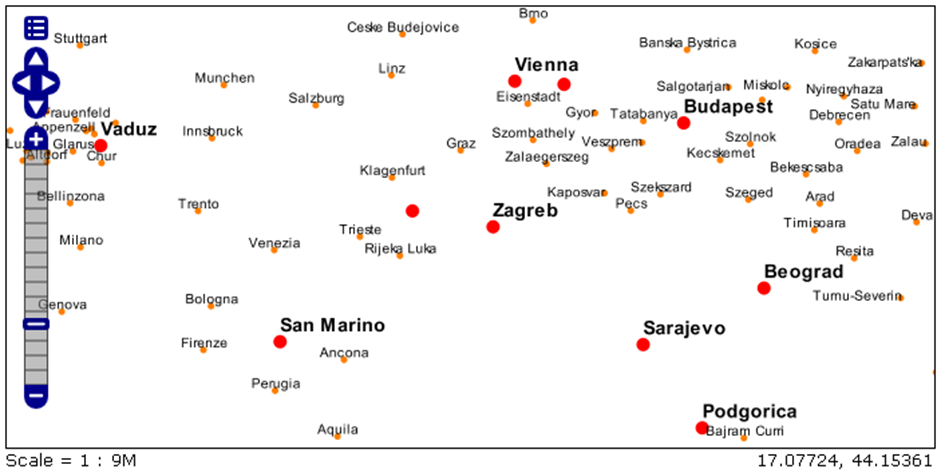 Primer korišćenja PointPlacementa za gradove Evrope.