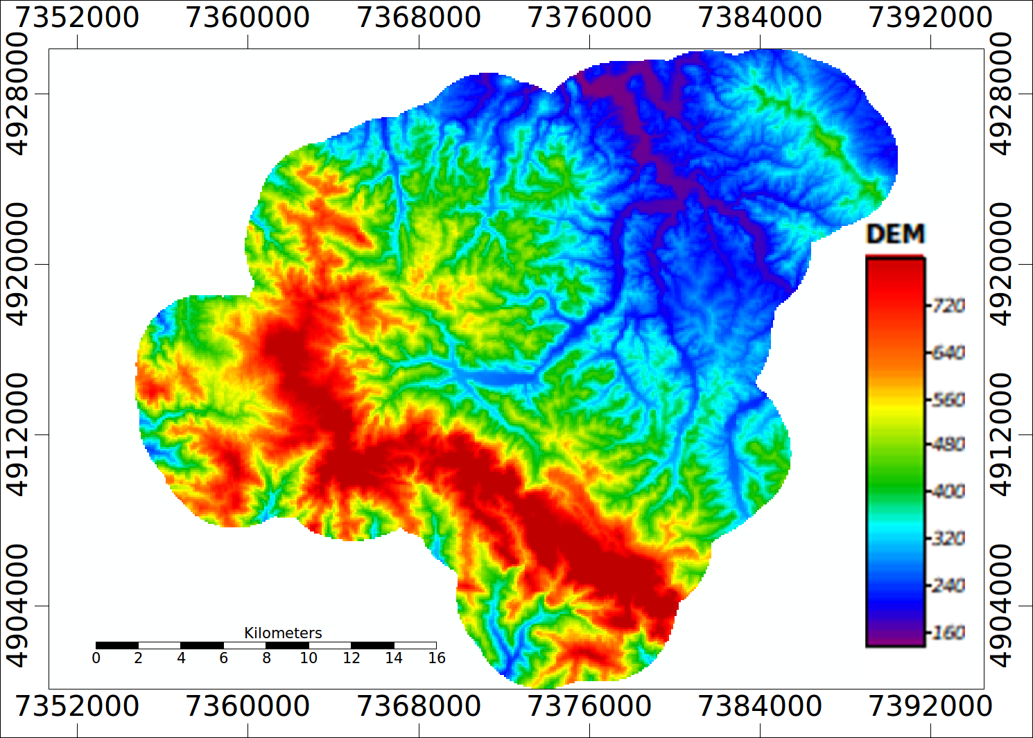 DEM for the area of Krupanj and its surroundings. Continuous data on ellipsoidal heights in a 90 m resolution (pixel size is 90 m), data taken from [SRTM](https://www2.jpl.nasa.gov/srtm/).