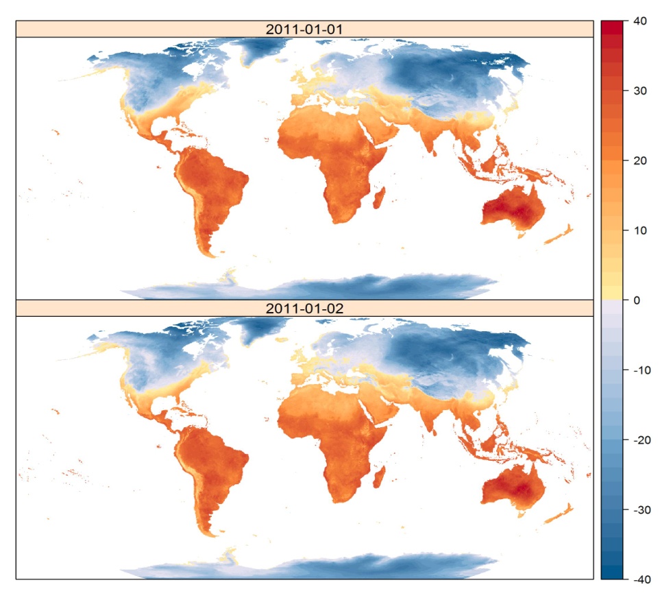 Raster dataset on temperature prediction in a regular grip for January 1–2, 2011.