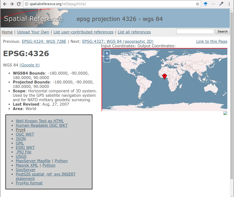 Example of using [*http://spatialreference.org*](http://spatialreference.org/) with the possibility of downloading coordinate reference system parameters in multiple notations.