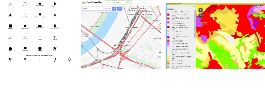 (left) Example of point-like geometric signs (Source: [*http://mapserver.org/mapfile/symbology/construction.html*](http://mapserver.org/mapfile/symbology/construction.html) under license CC BY-SA). (middle) Example of line-like geometric signs (Source: [*www.openstreetmap.org*](http://www.openstreetmap.org) ). (right) Example of polygon-like geometric signs (Source: [*https://land.copernicus.eu*](https://land.copernicus.eu).