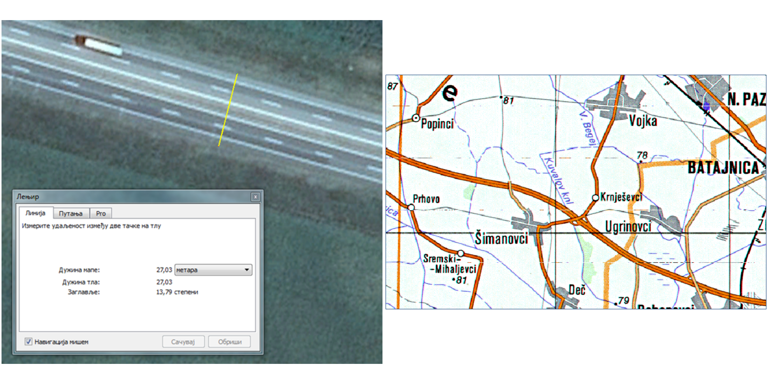 The highway is 27 m wide in reality. On a map with a 1:300.000 scale, it is represented by a 1 mm thick line which would be 300 m wide in reality.