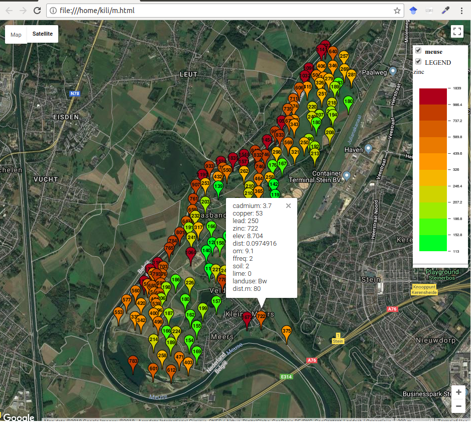 Interactive map with meuse data, plotGoogleMaps