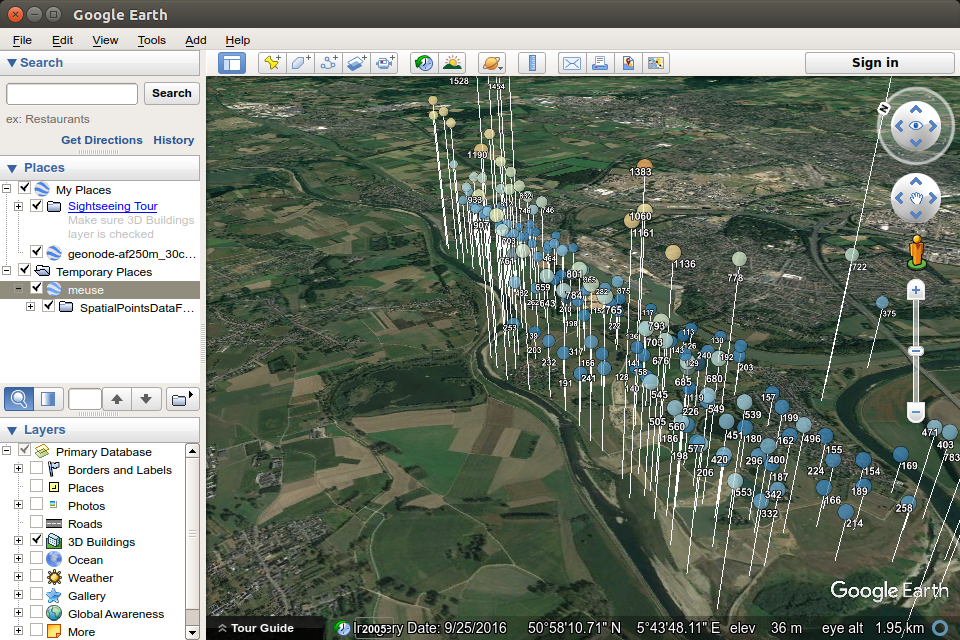 Proportional symbols for meuse data on a virtual globe, cartographic variable changing over height.