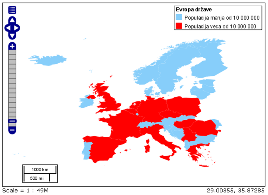  European countries formatted according to population – with a legend and scale.