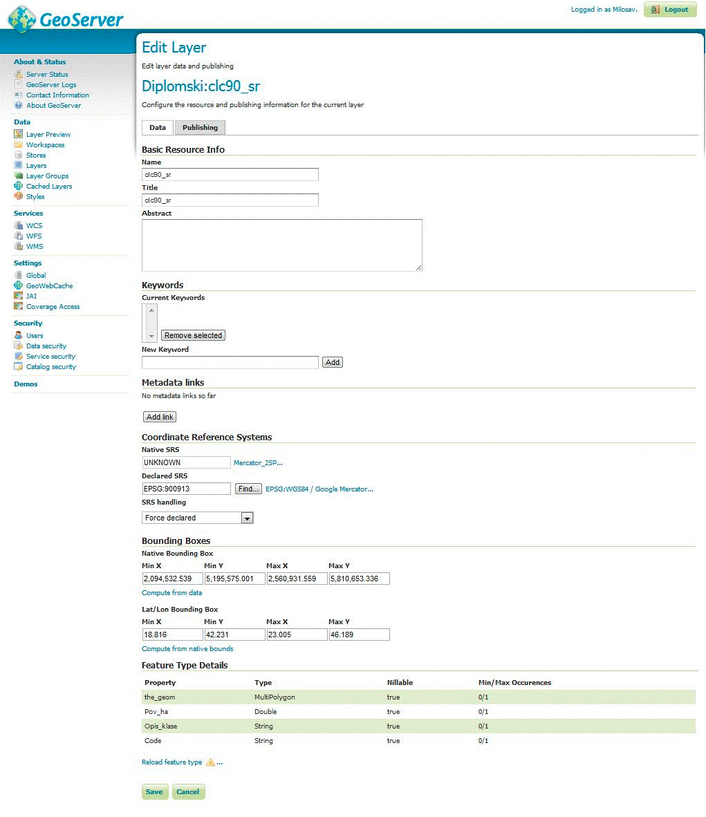 *Data* tab settings.