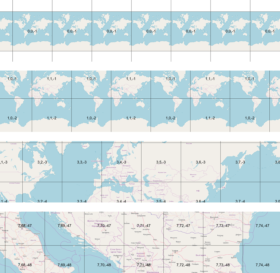 Example of generating tiles for zoom levels 0, 1, 3, and 7.