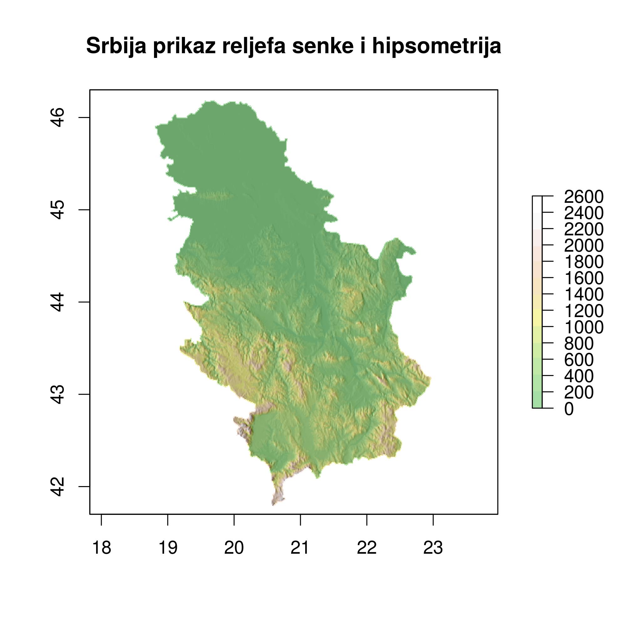 Srbija prikaz reljefa - senke i hipsometrija.